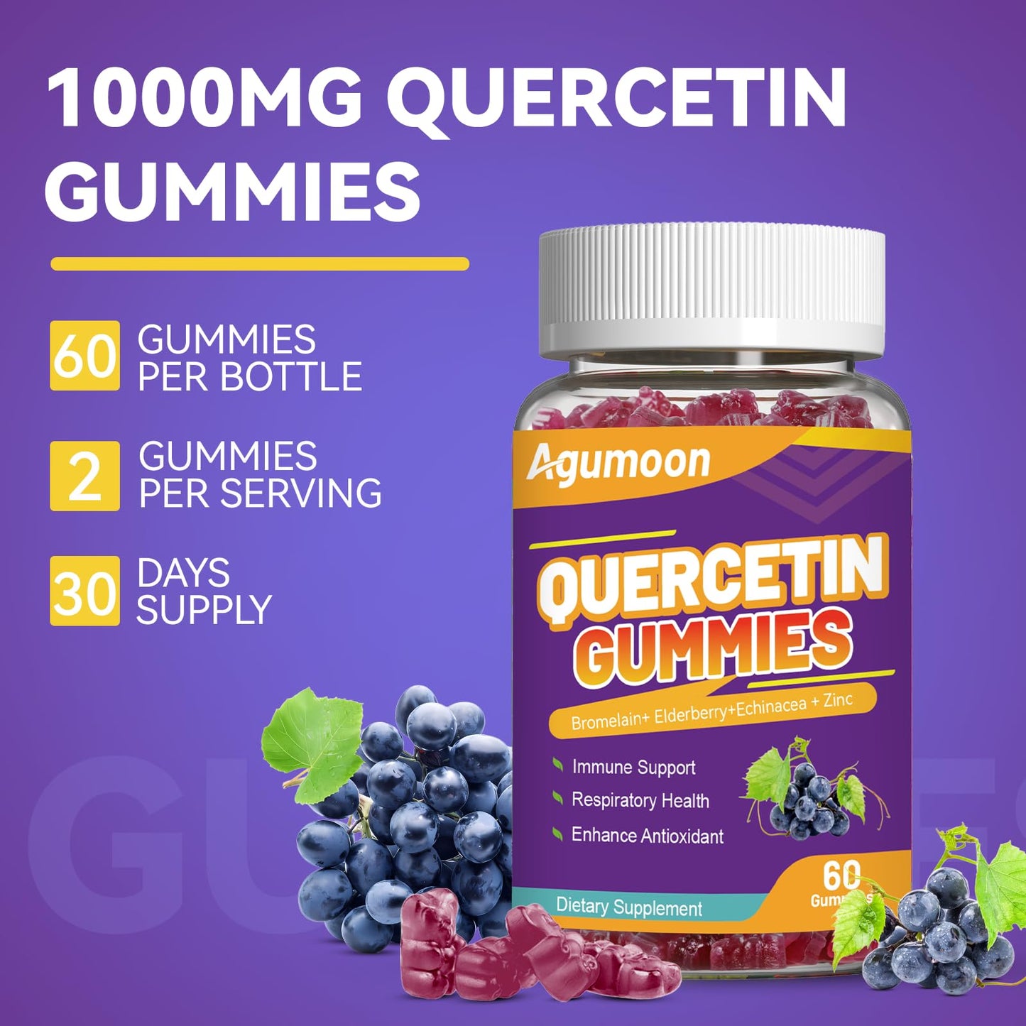 Agumoon Quercetin Gummies โ 1000mg Quercetin with Bromelain, Zinc & Elderberry | Vegan Immune & Antioxidant Support (60 Count)