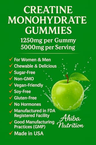 Ahiba Creatine Monohydrate Gummies โ 5g Serving, Vegan, Sugar-Free, Made in USA