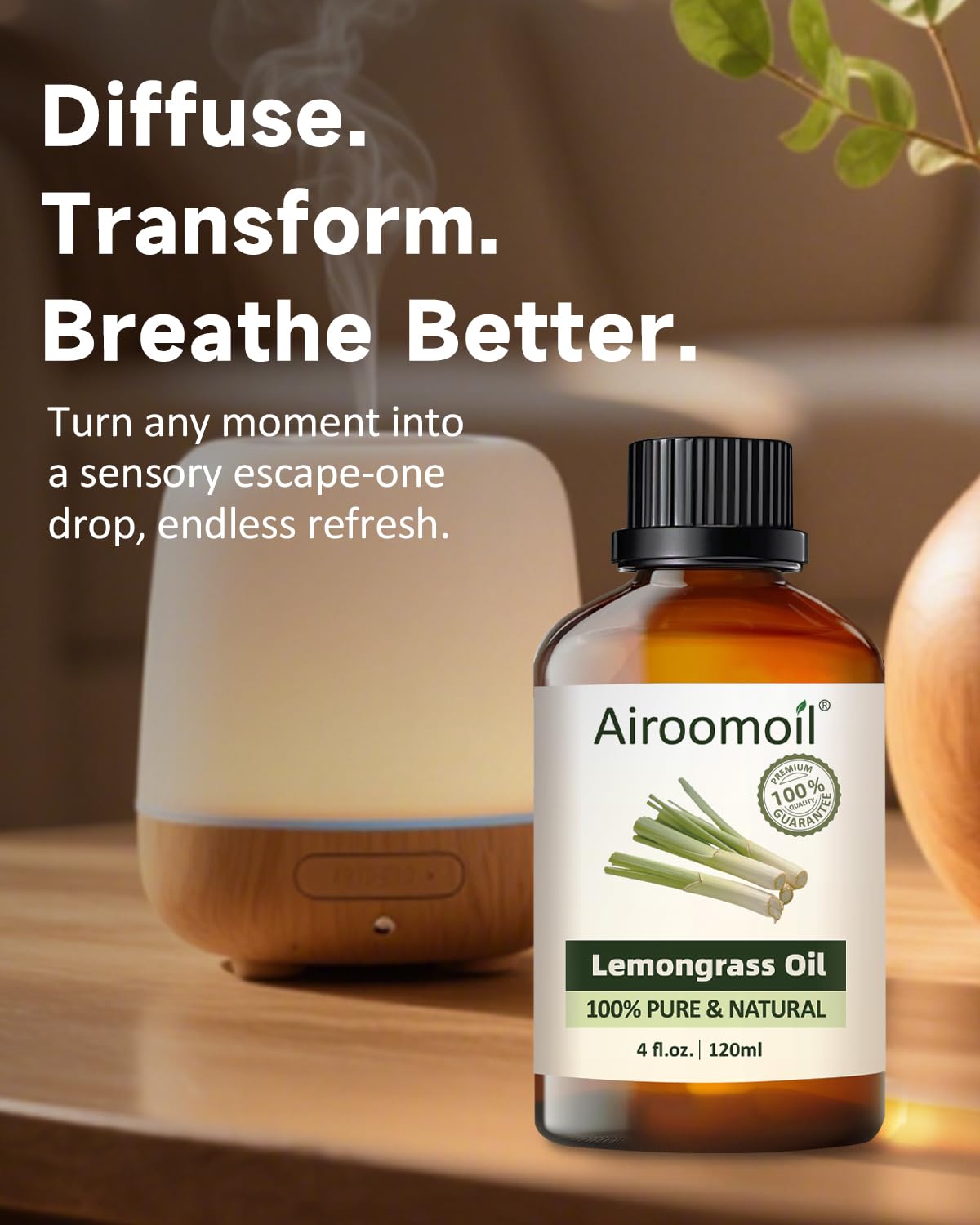 Airoomoil Pure Citronella Essential Oil โ 100% Natural, Premium Grade, 4 oz (120 ml) for Diffusers, Skin, Soap, Aromatherapy