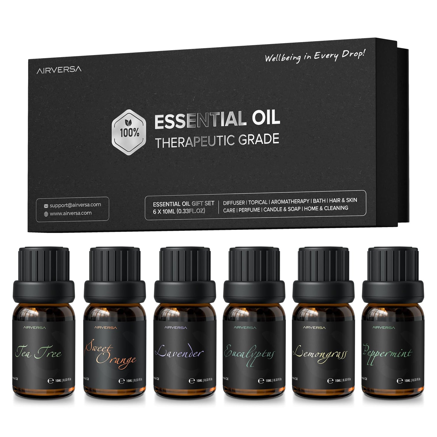 Airversa Top 6 Aromatherapy Oils Set โ 6x10mL (Eucalyptus, Lavender, Lemongrass, Sweet Orange, Peppermint, Tea Tree)