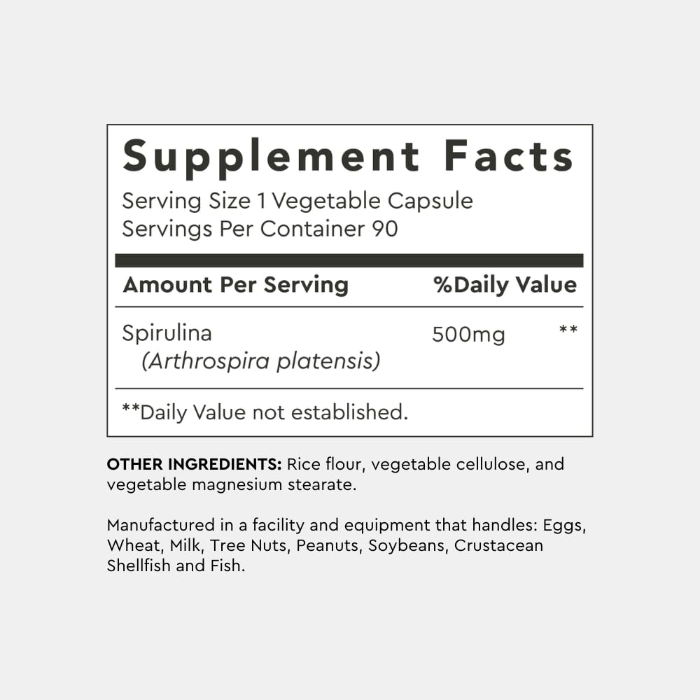 Alaya Naturals Pure Spirulina Capsules โ Earthrise Spirulina, Non-GMO & Vegan, 500 mg, 90 Caps