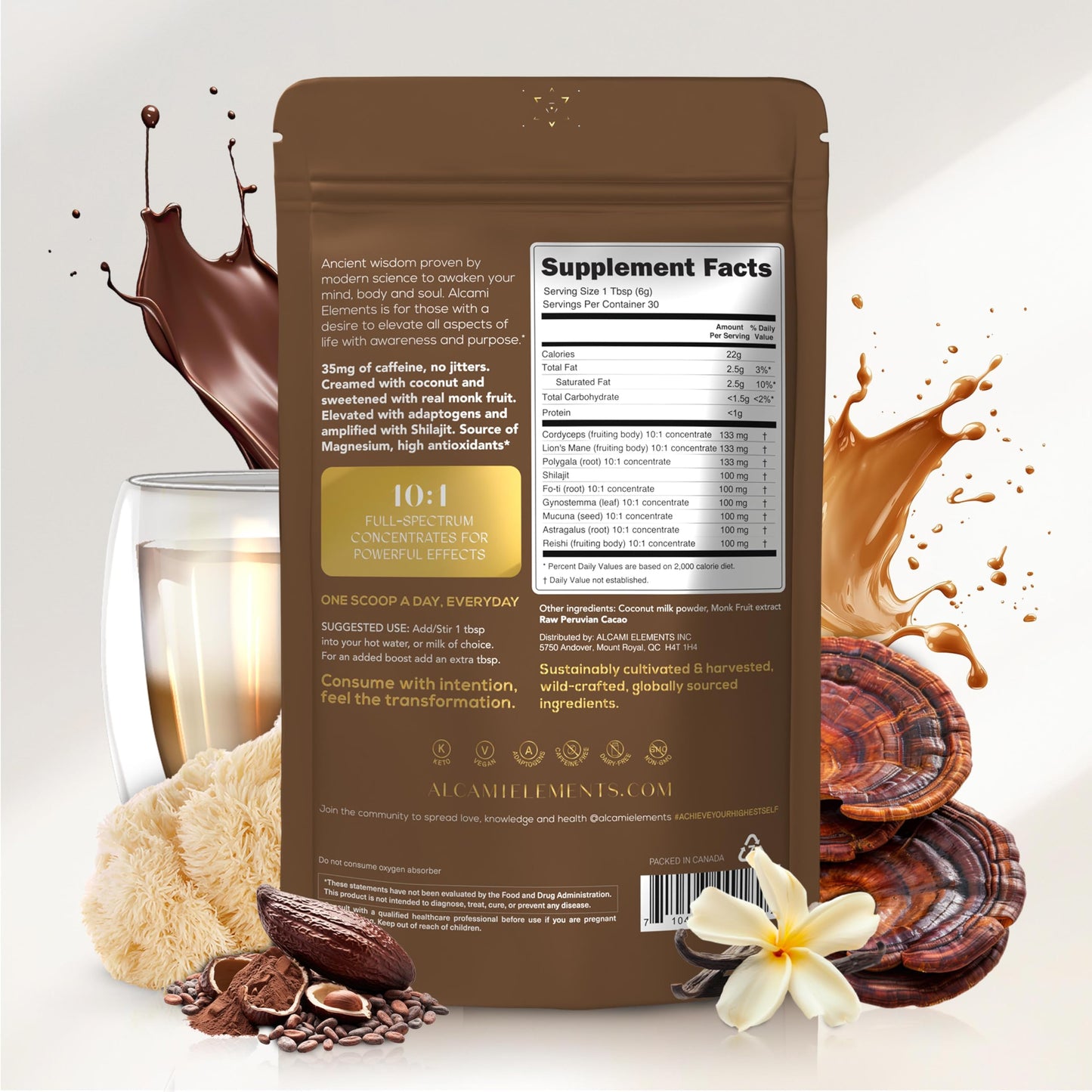 alcami elements: Cacao Mushroom Coffee 10X Concentrated Extract with Lion's Mane, Reishi & Cordyceps โ 30 Servings