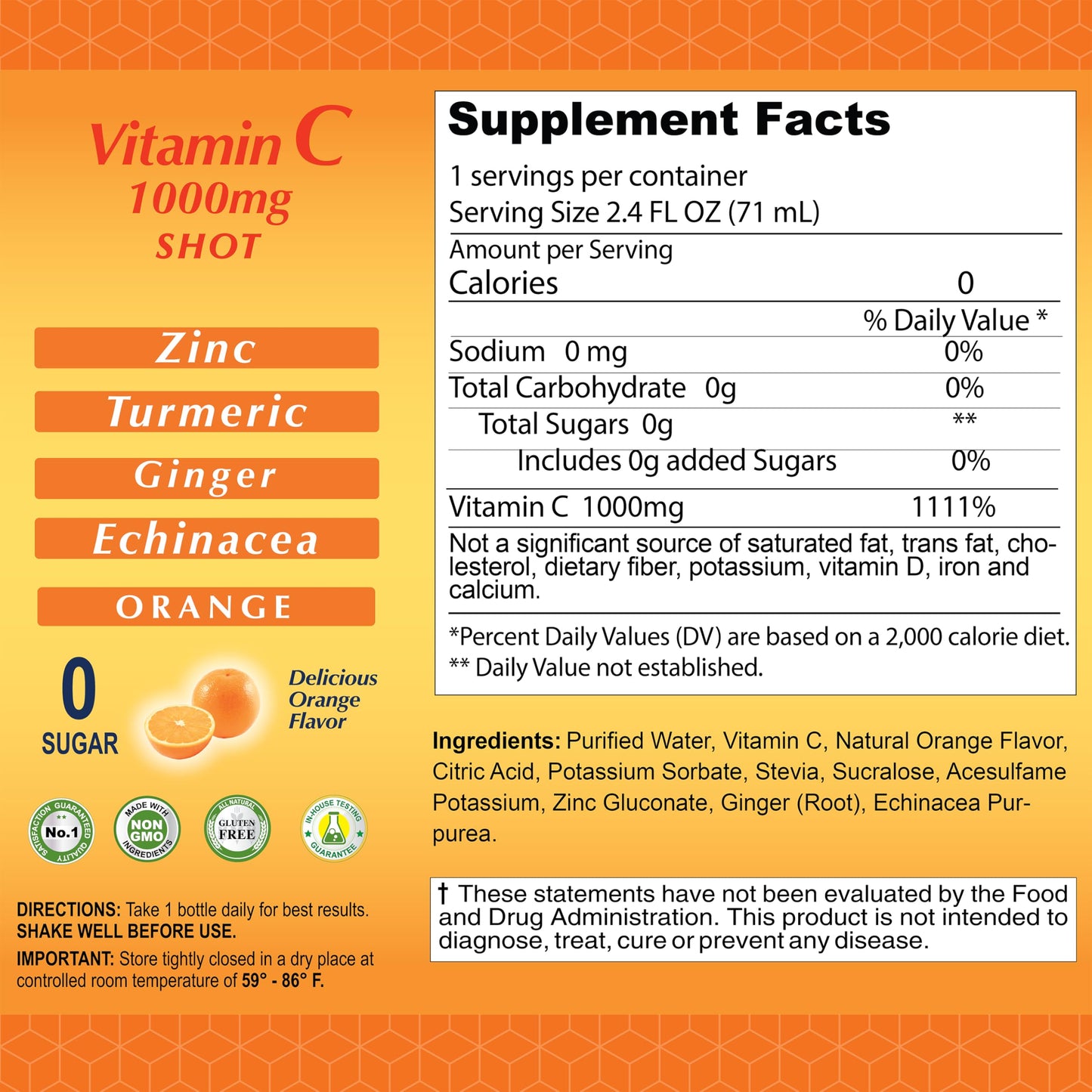 ALFA VITAMINS Vitamin C Shot 1000mg with Zinc, Ginger & Echinacea โ Immune Support & Daily Wellness โ Orange Flavor โ 2.4 fl oz Bottle โ 20 Pack
