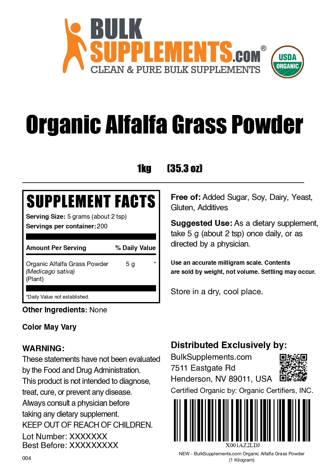 BulkSupplements Organic Alfalfa Grass Powder โ Alfalfa Supplement, 1kg, Vegan & Gluten Free | 5g Serving