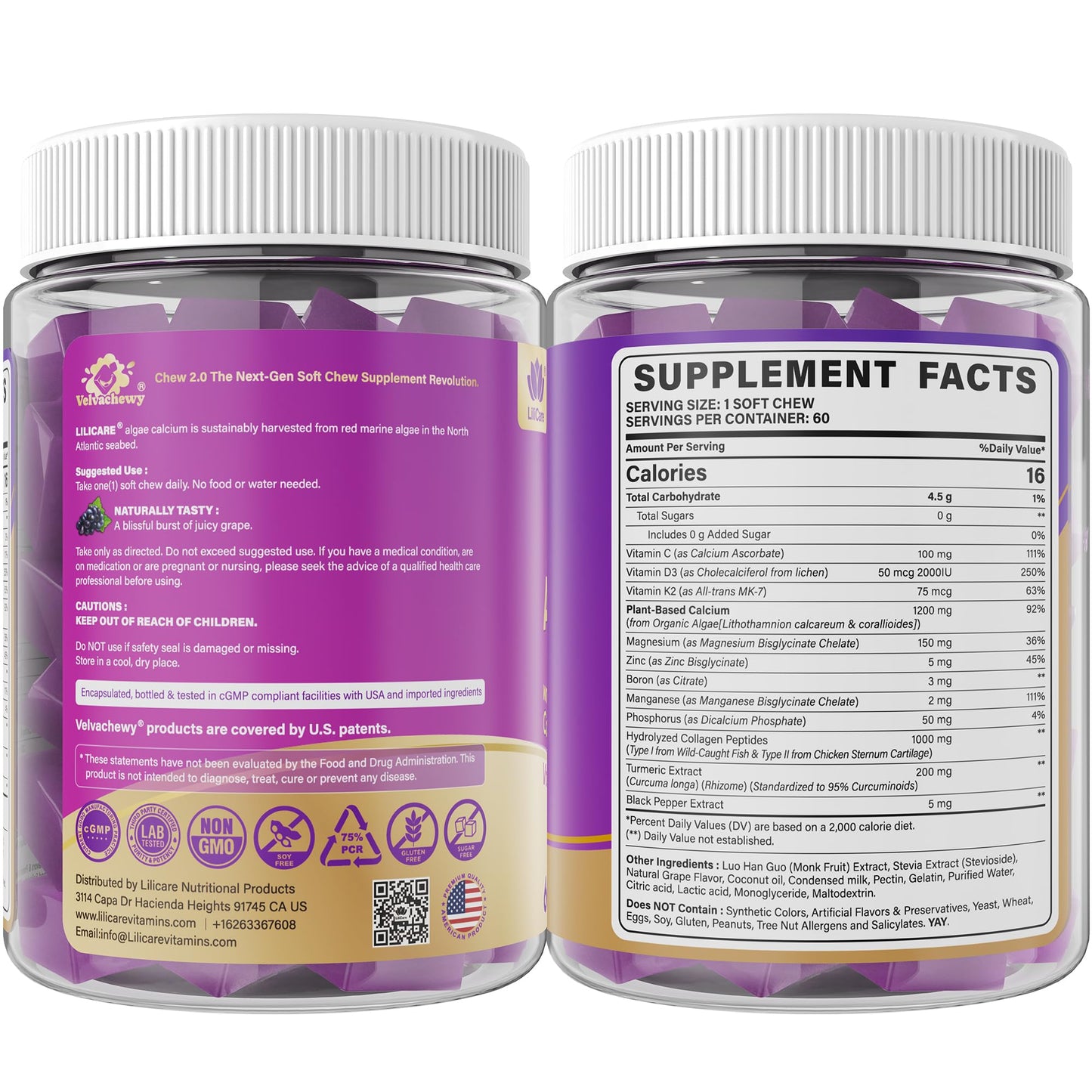 Algae Calcium Soft Chews 1200mg + Collagen | D3/K2 | Plant-Based Calcium Gummies โ 60 Count