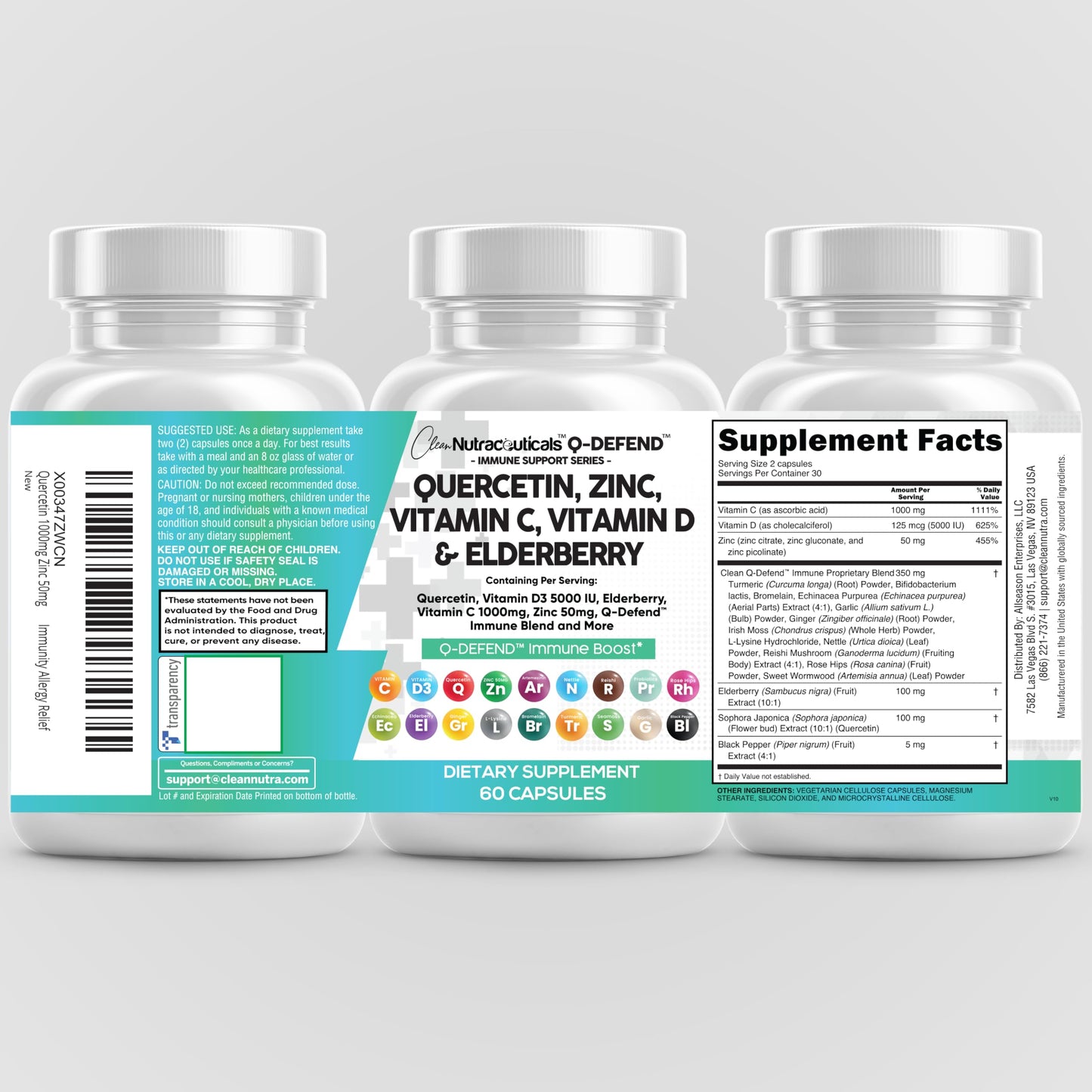 Clean Nutraceuticals Quercetin Zinc Vitamin C Vitamin D Bromelain Elderberry β Lung Immune Support for Adults