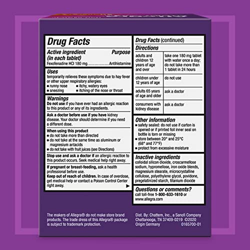 Allegra Adult 24-Hour Allergy Tablets 180 mg โ 90 Count (Non-Drowsy)