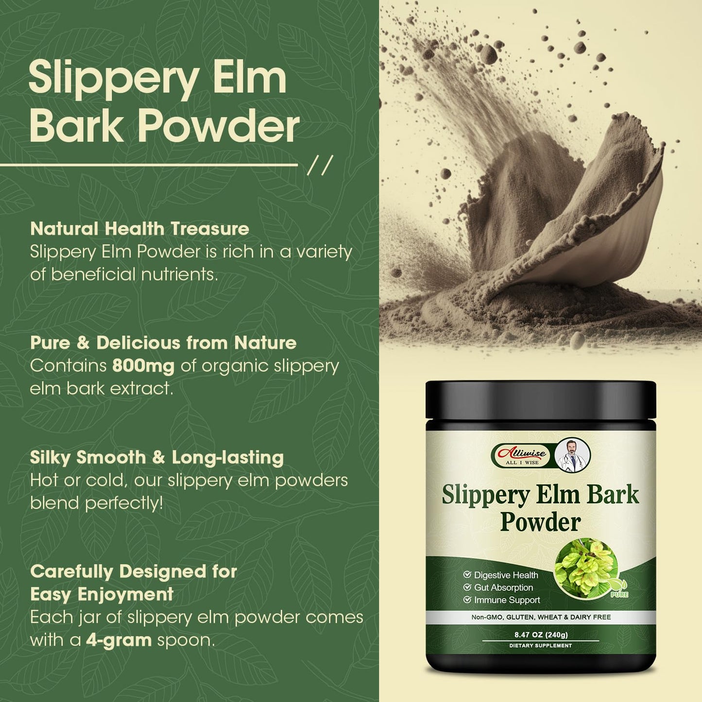 Alliwise Slippery Elm Bark Powder 240g | Digestive Support, Throat Soothing, Non-GMO, Gluten Free, Vegetarian Friendly