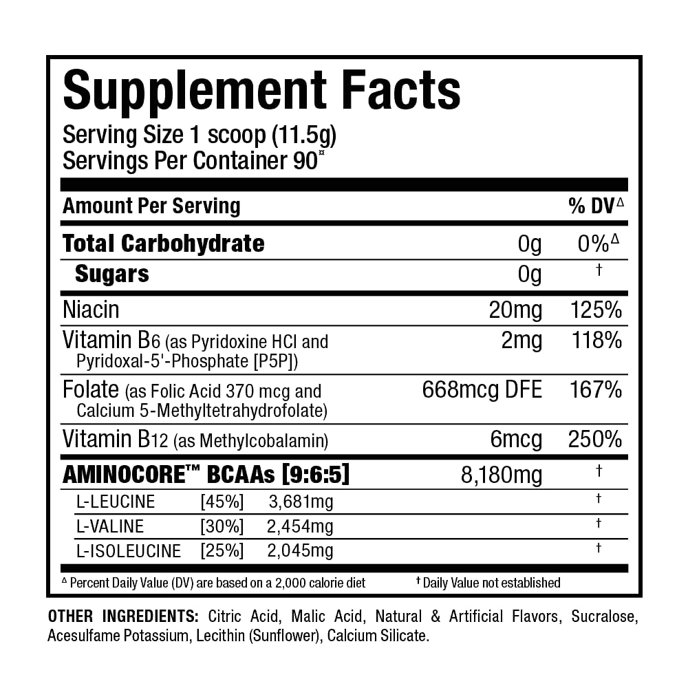 ALLMAX AminoCORE BCAA Blue Raspberry Powder β 945 g, 90 Servings, 8.18 g BCAAs per Serving, Sugar Free, Instantized + B Vitamins