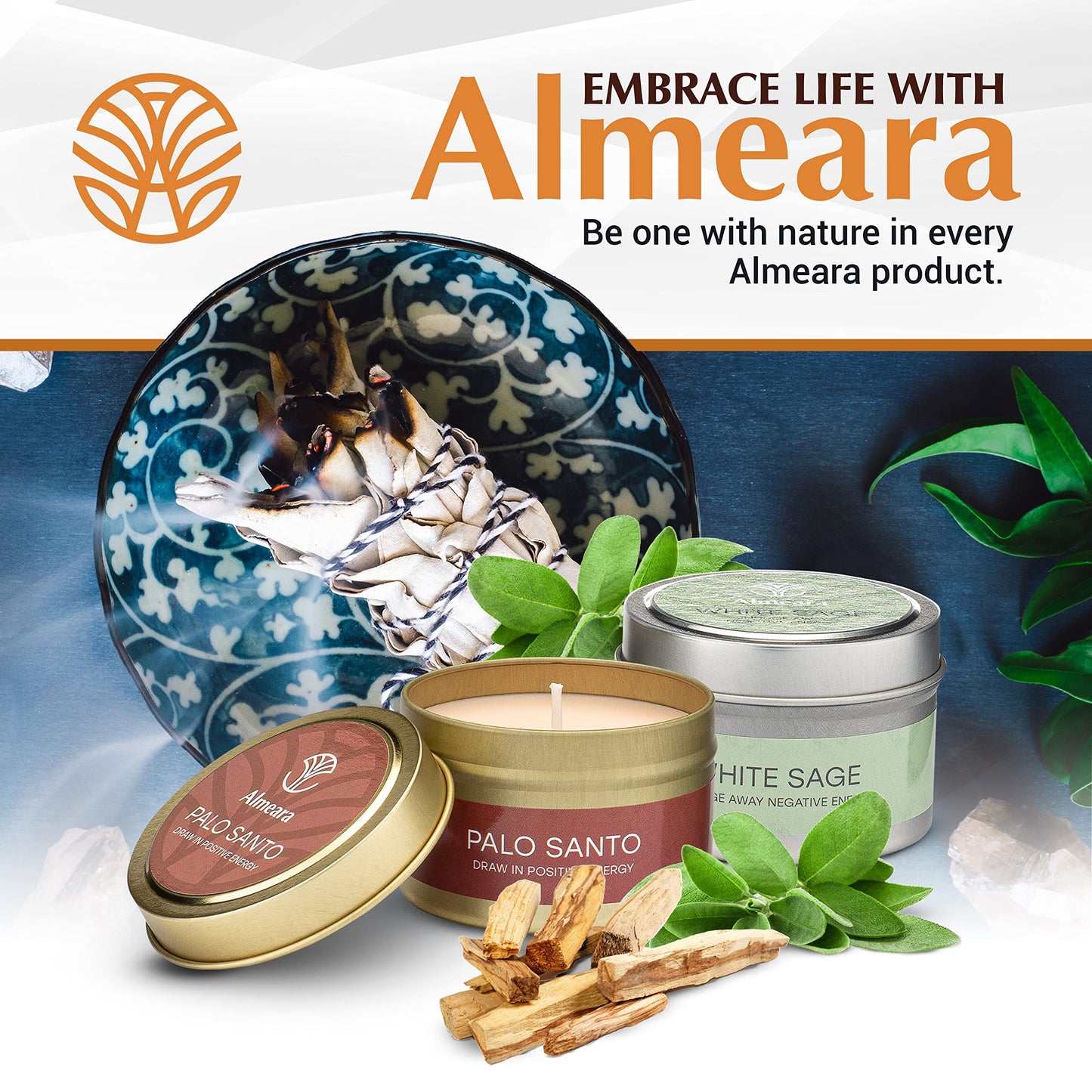 Almeara 2-in-1 Candle Combo โ Sage & Palo Santo, 40+ Hours Burn, 100% Soy