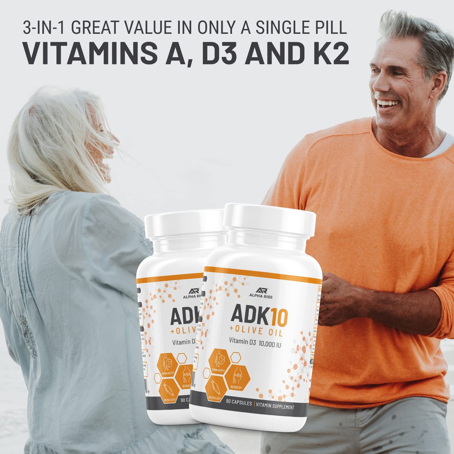ALPHA RISE ADK10 Vitamin with Olive Oil โ D3 10,000 IU, A, K2 MK7/MK4 โ 90 Veg Capsules