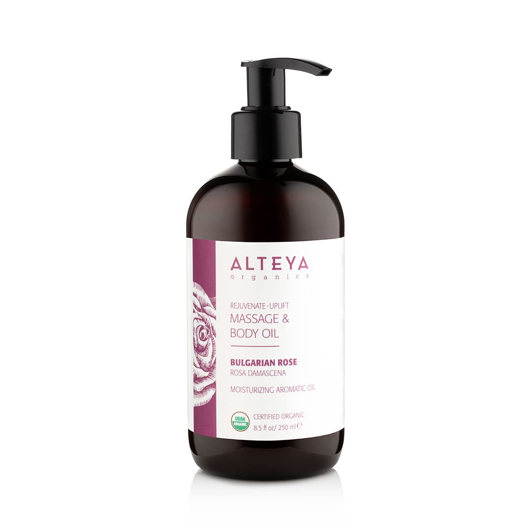 Alteya Organic Massage & Body Oil with Bulgarian Rose โ USDA Certified Organic, Rejuvenating & Nourishing Aromatic Oil (8.5 fl oz / 250 mL)