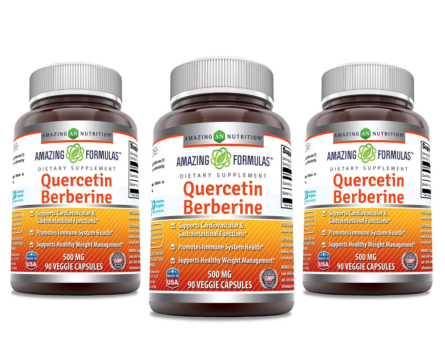 Amazing Formulas Quercetin Berberine - Veggie Capsule Supplement | 250 mg Berberine & 250 mg Quercetin | Non-GMO | Gluten Free | Made in USA | 90 Capsules (3 Pack)