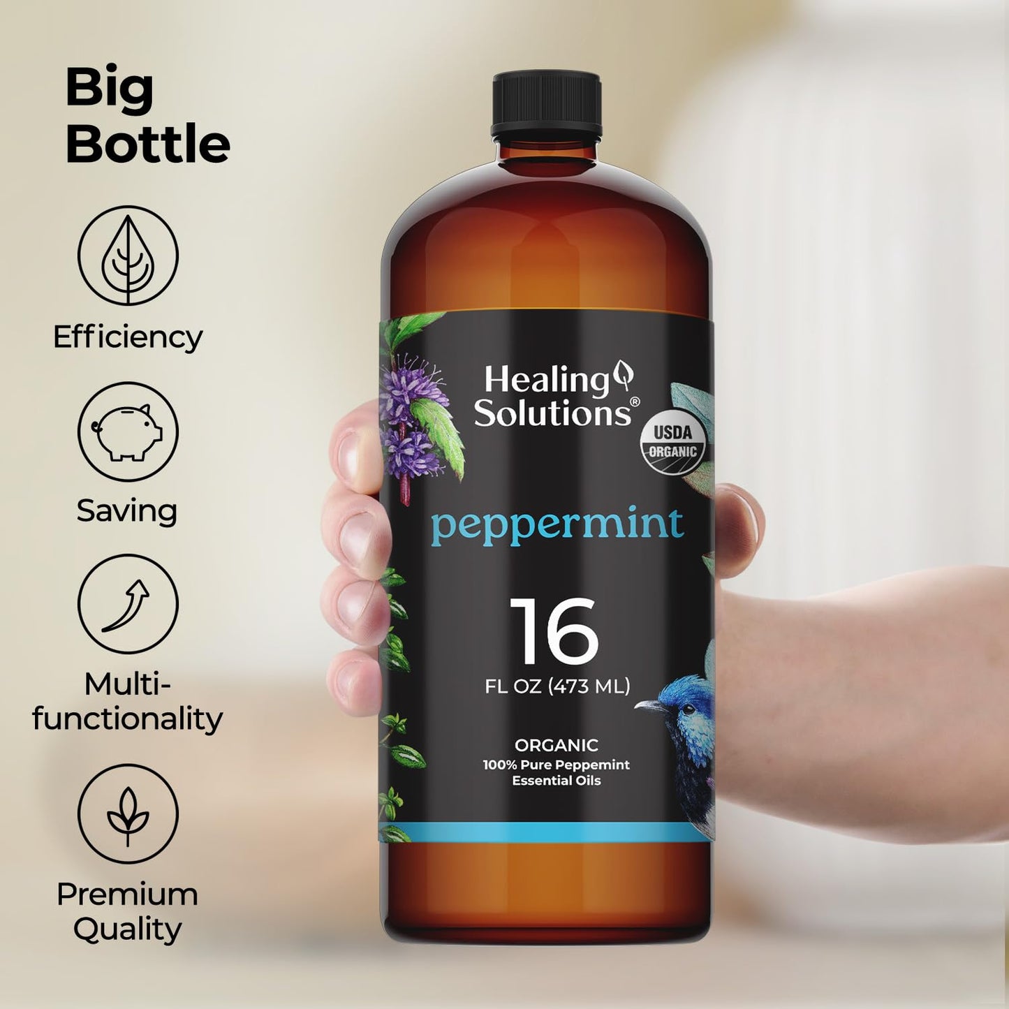 Healing Solutions Organic Peppermint Essential Oil 16oz โ Bulk Mint Oil