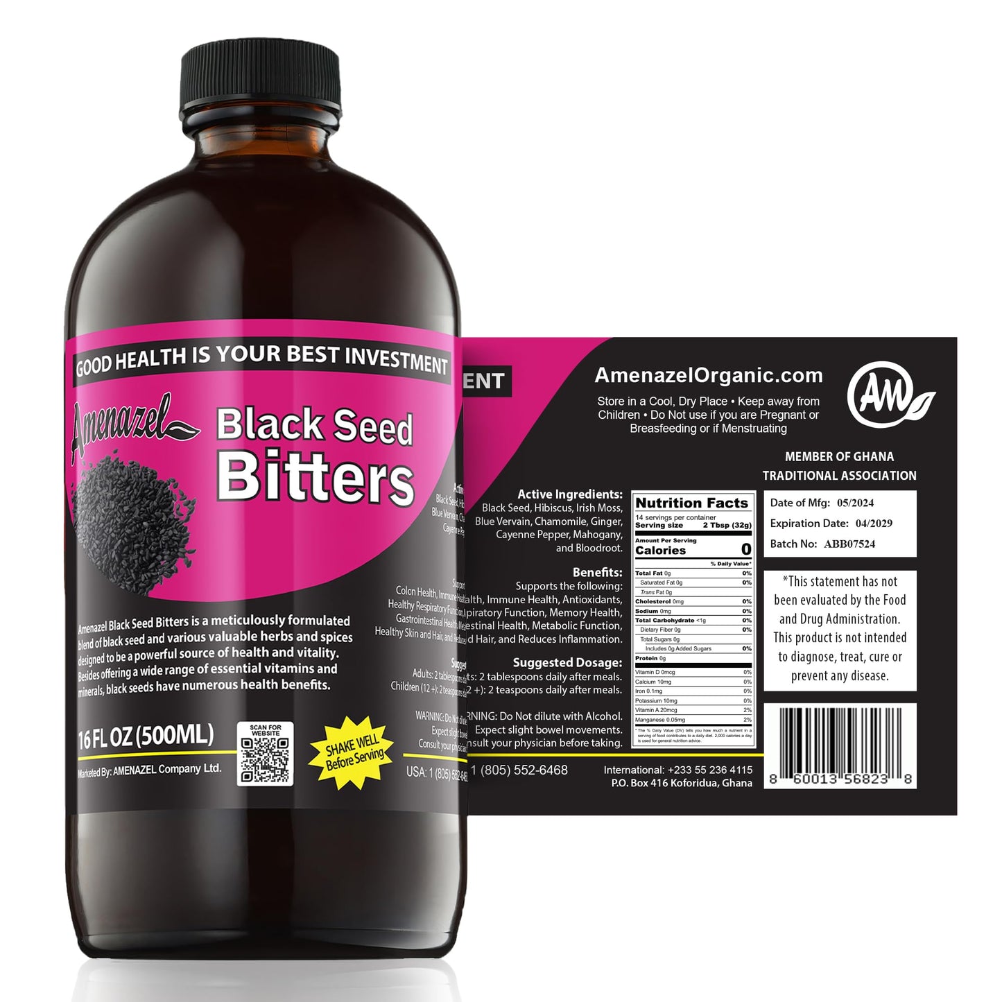 Amenazel Organic Black Seed Bitters - 16 fl oz | Immune Support & Digestive Cleansing
