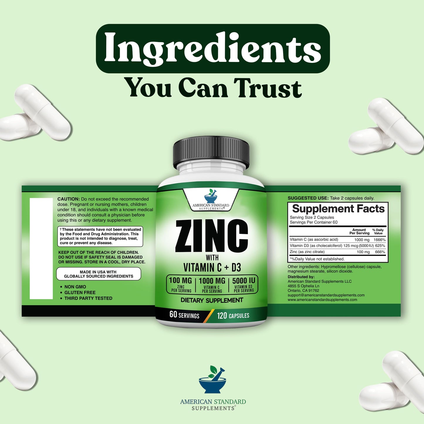 Zinc 100mg + Vitamin C 1000mg + Vitamin D3 5000 IU โ 120 Gluten-Free Capsules (60 Servings) | American Standard
