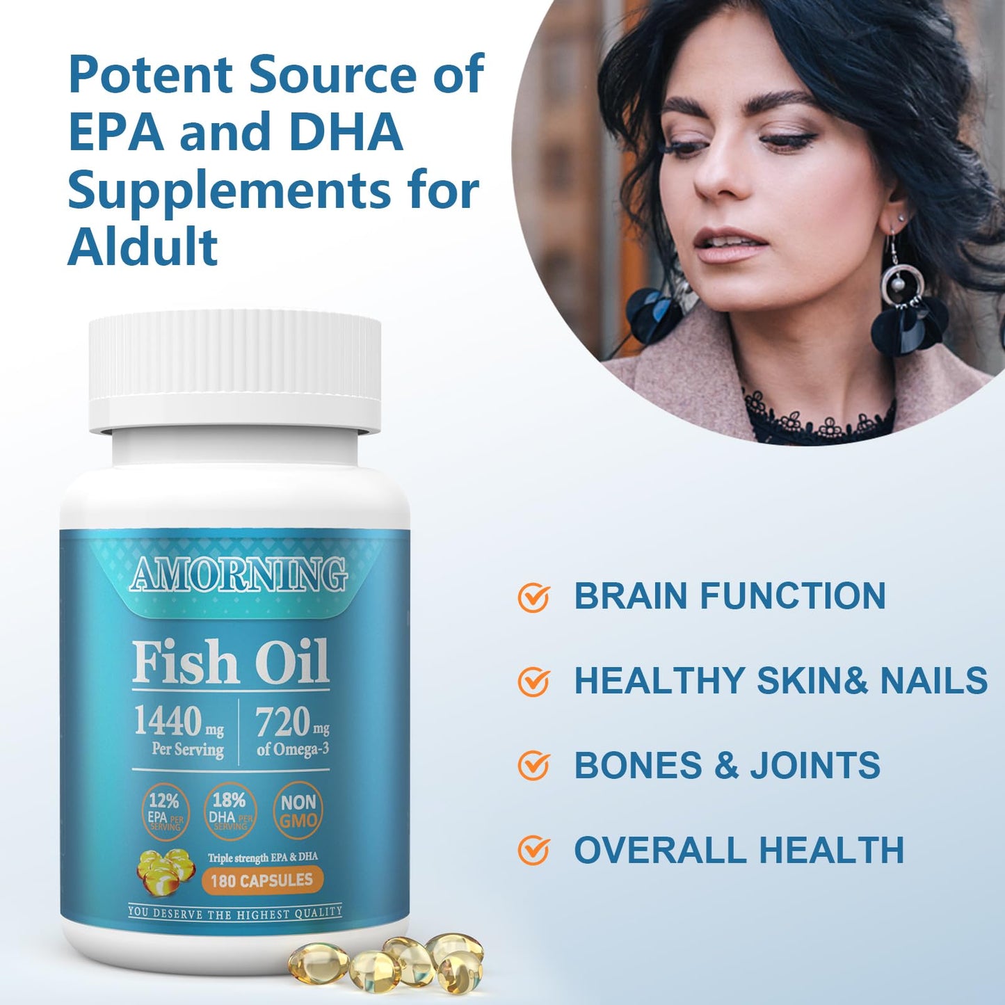 AMORNING Fish-Oil Omega-3 Fatty Acids Softgels 180 Count ā 1440mg for Heart, Brain & Eyes