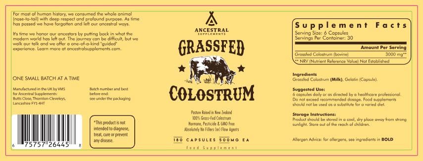 Ancestral Supplements Grass Fed Beef Colostrum Supplement β 3000 mg, 180 Capsules | Immune & Gut Health Support