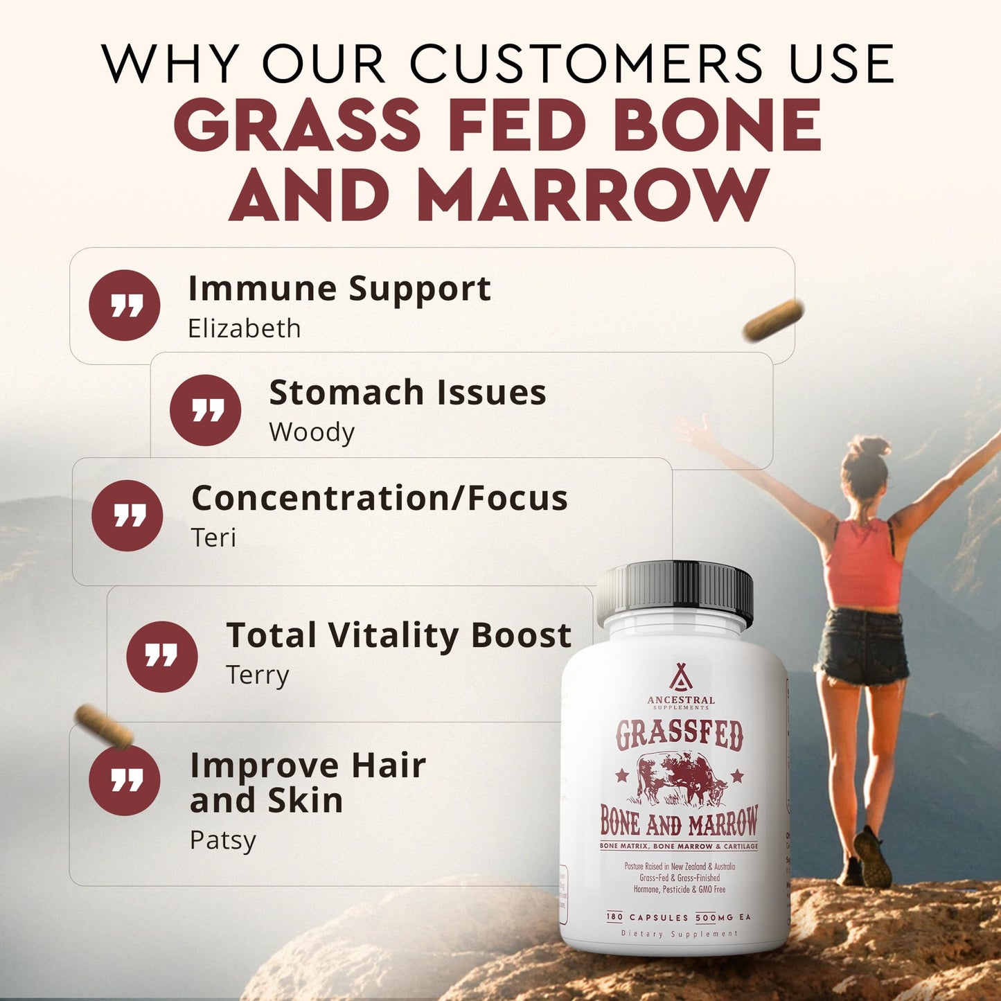 Ancestral Supplements Grass-Fed Beef Bone & Marrow β 180 Capsules (3000mg) for Joint, Skin & Oral Health