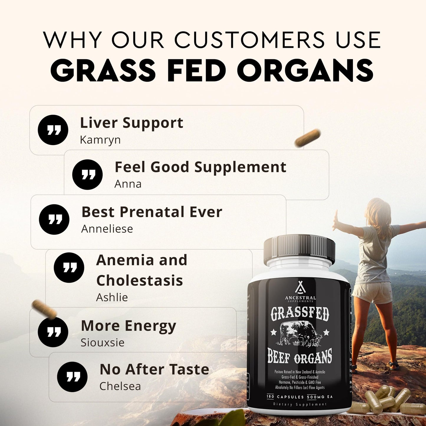 Ancestral Supplements Grass-Fed Beef Organs โ Liver, Heart, Kidney, Pancreas, Spleen | 180 Capsules