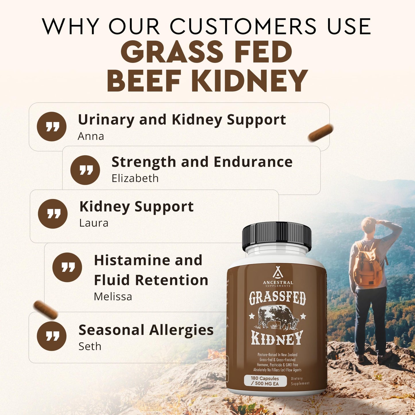 Ancestral Supplements Grass Fed Beef Kidney β 3000mg DAO Enzyme, Kidney & Histamine Support, Selenium & B12, 180 Capsules