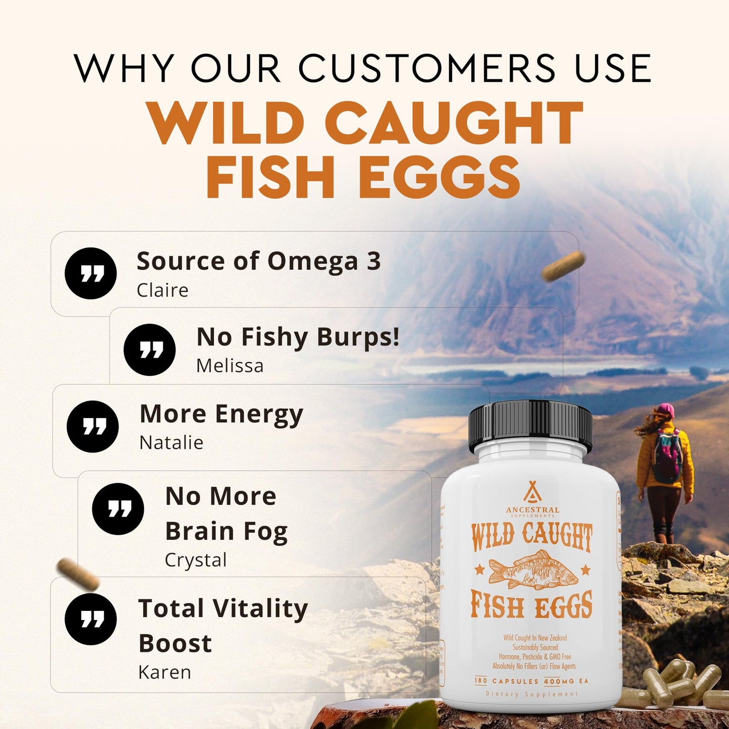 Ancestral Supplements Wild Caught Fish Eggs โ 2400mg Omega-3, 180 Capsules