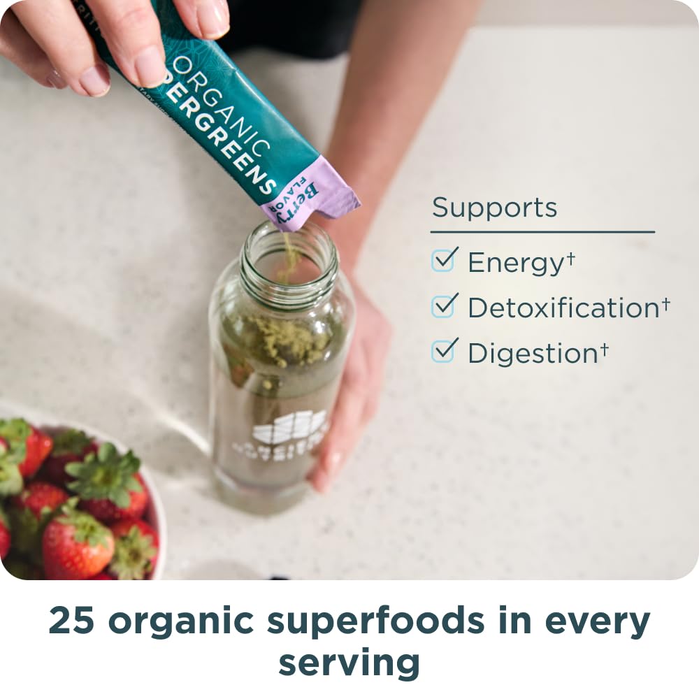 Ancient Nutrition SuperGreens Powder with Probiotics β Organic Berry Greens, 16 Stick Packs (4.2 oz)