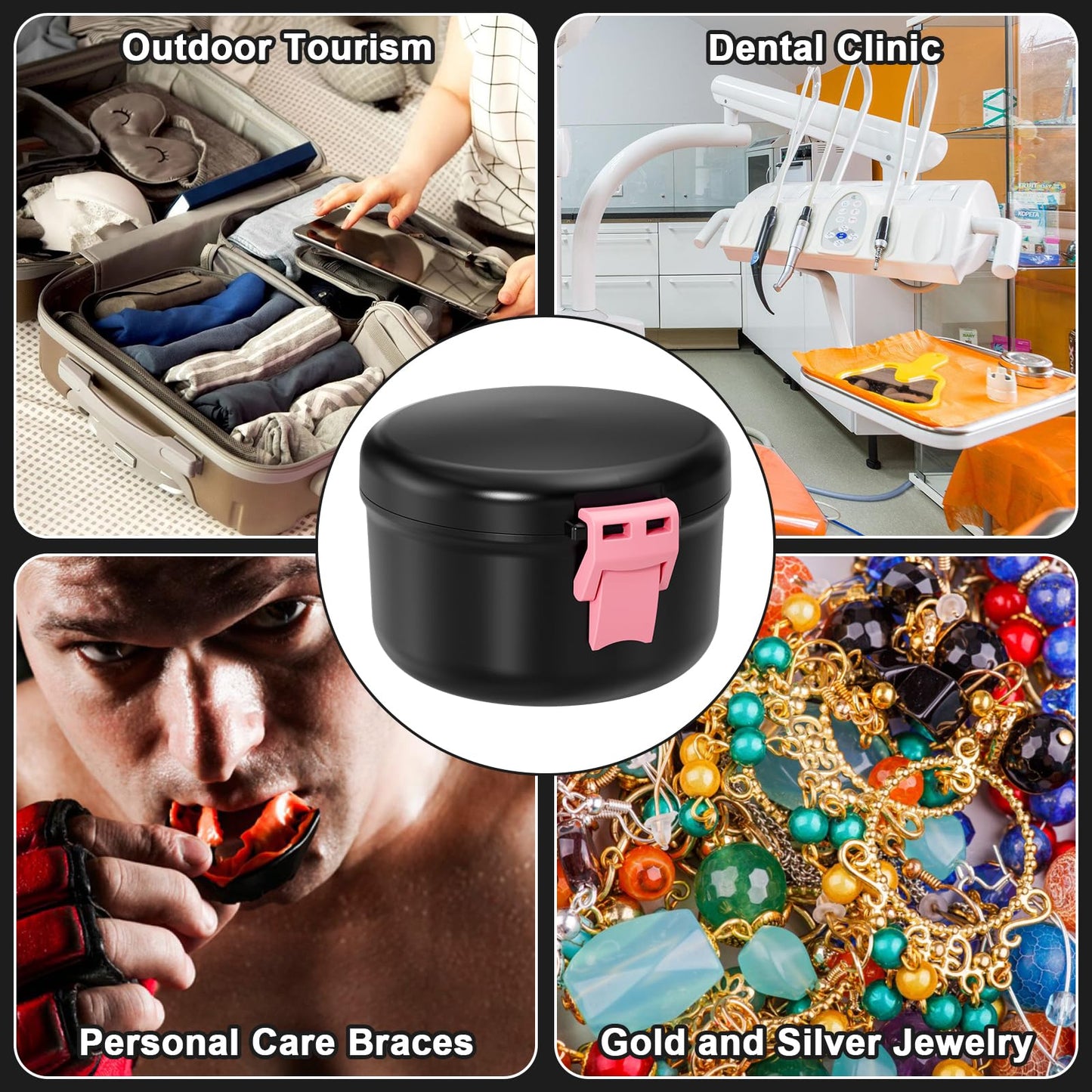 ANYLEY Denture Cup โ Leak-Proof Travel Denture Bath Case (Black & Pink)