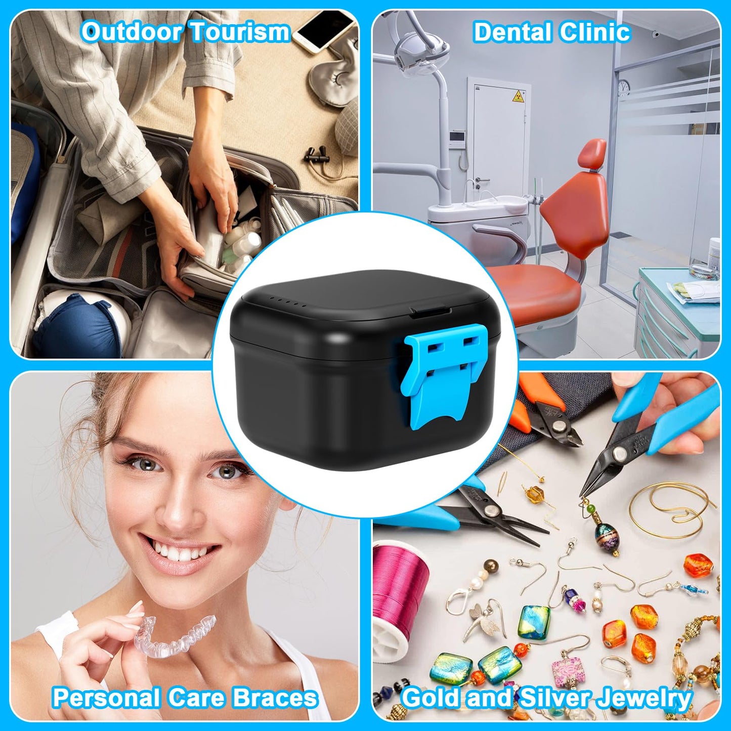 ANYLEY Leak-Proof Denture Cup & Travel Case โ Double-Layer, Black & Blue
