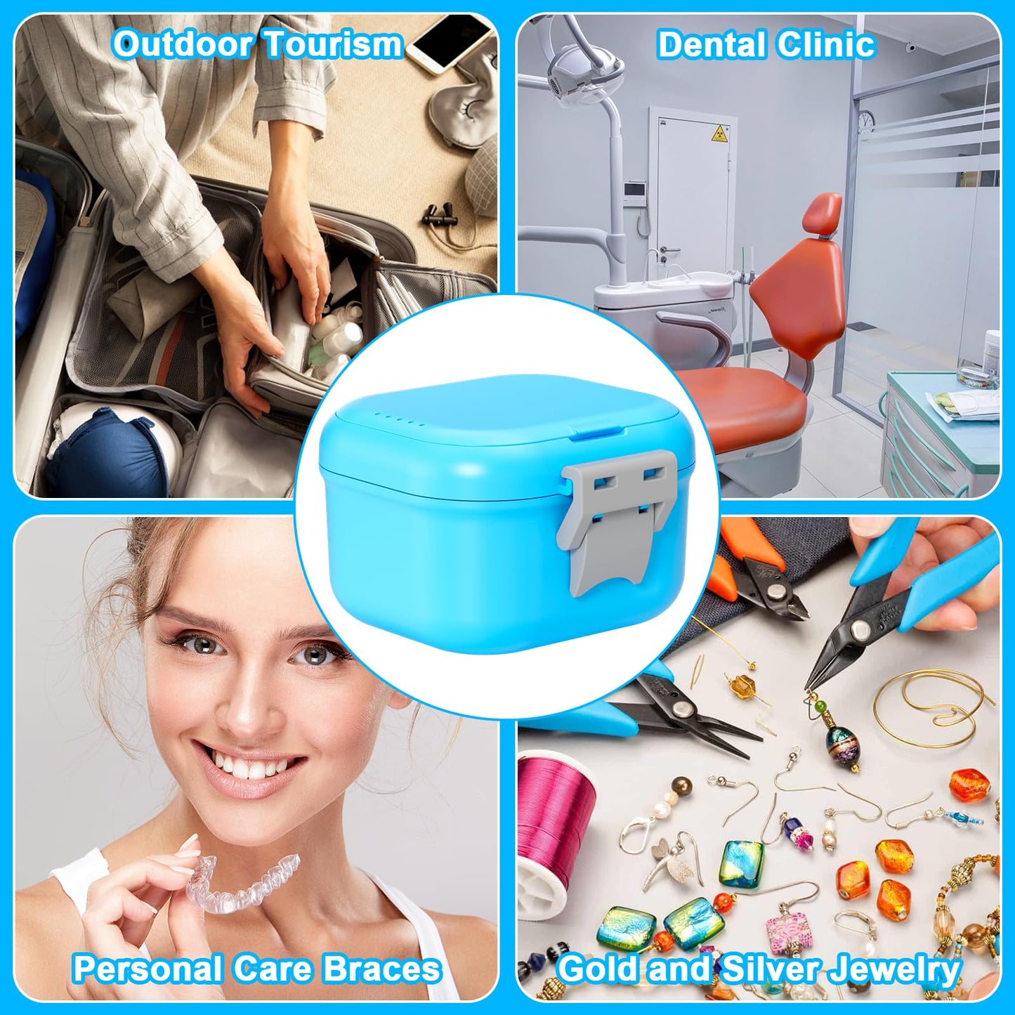 ANYLEY Leak-Proof Denture Case | 250ml Travel Retainer Cleaner Case โ Sky Blue & Silver Gray