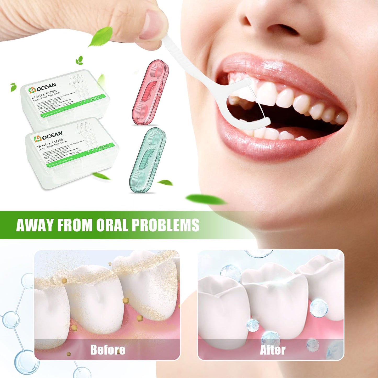 AOCEAN Dental Floss Picks โ Travel Floss with Toothpicks (2 Boxes, 2 Cases)
