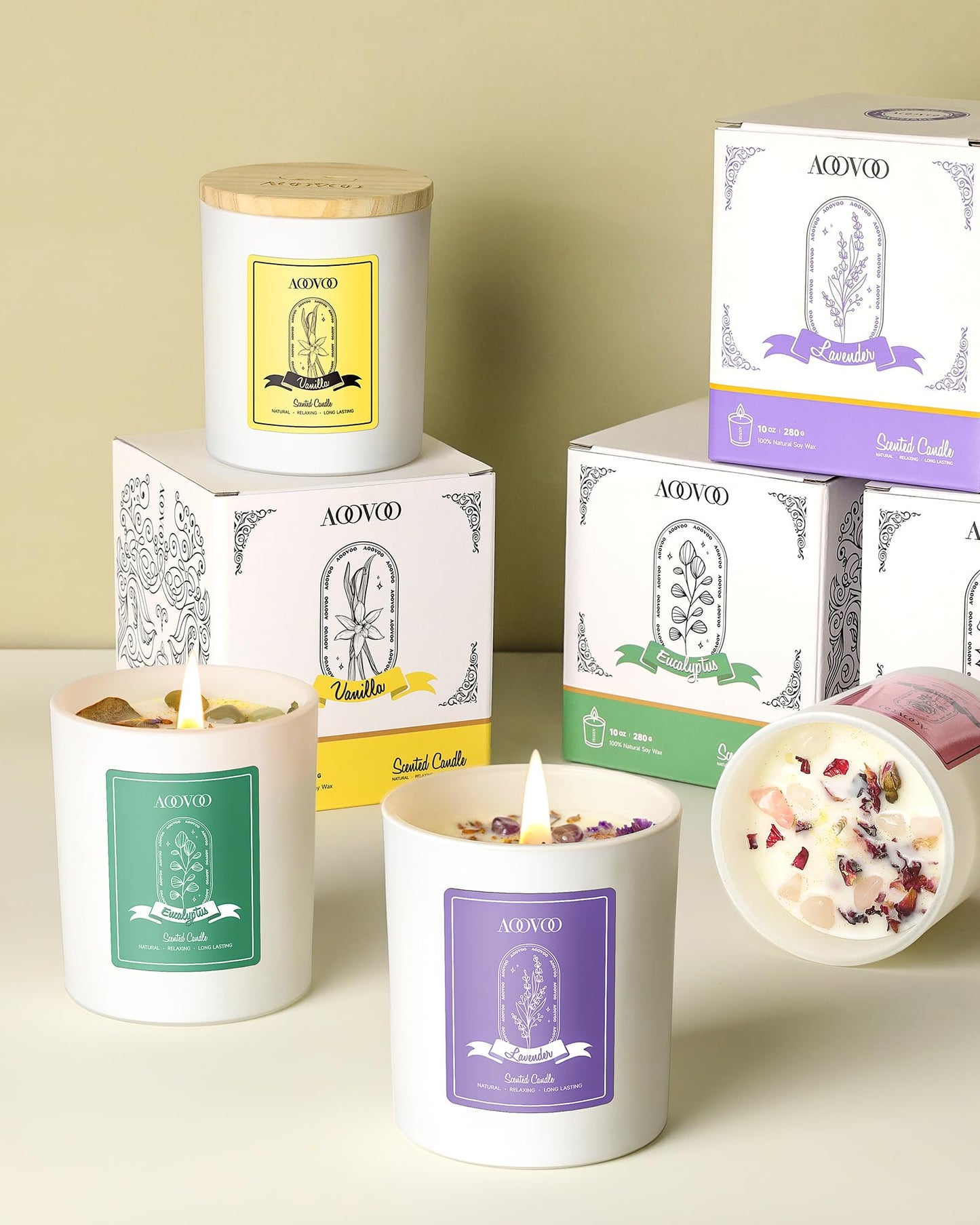 AOOVOO Lavender Scented Soy Candle for Women β Aromatherapy with Crystals, 10oz