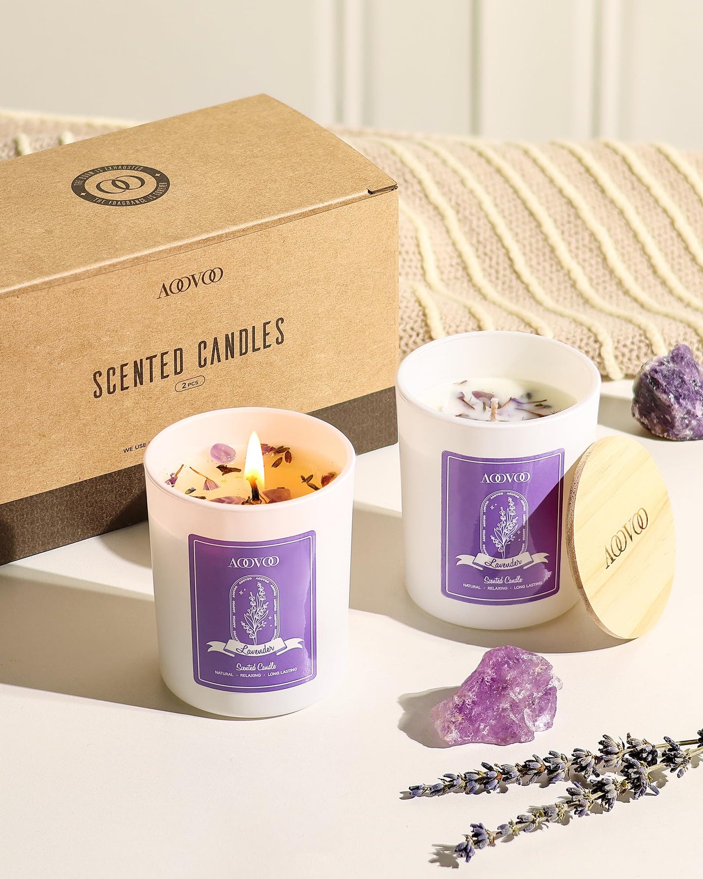 AOOVOO Lavender Scented Candle Set 2 Pack β 14oz Soy Candles with Crystals Inside