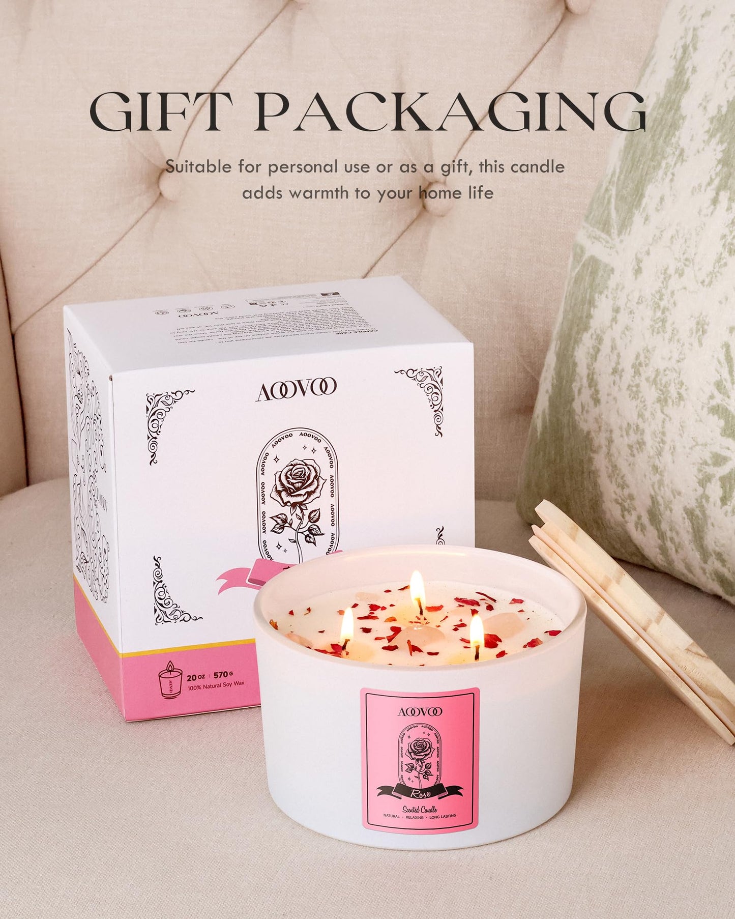 AOOVOO Rose Scented Candle β 20oz 3-Wick Soy Candle with Crystals | Aromatherapy Gift for Women