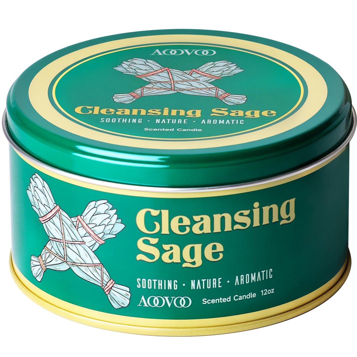 AOOVOO Sage Candle โ 3-Wick 12oz Soy with Crystals & Sage Leaves for Cleansing