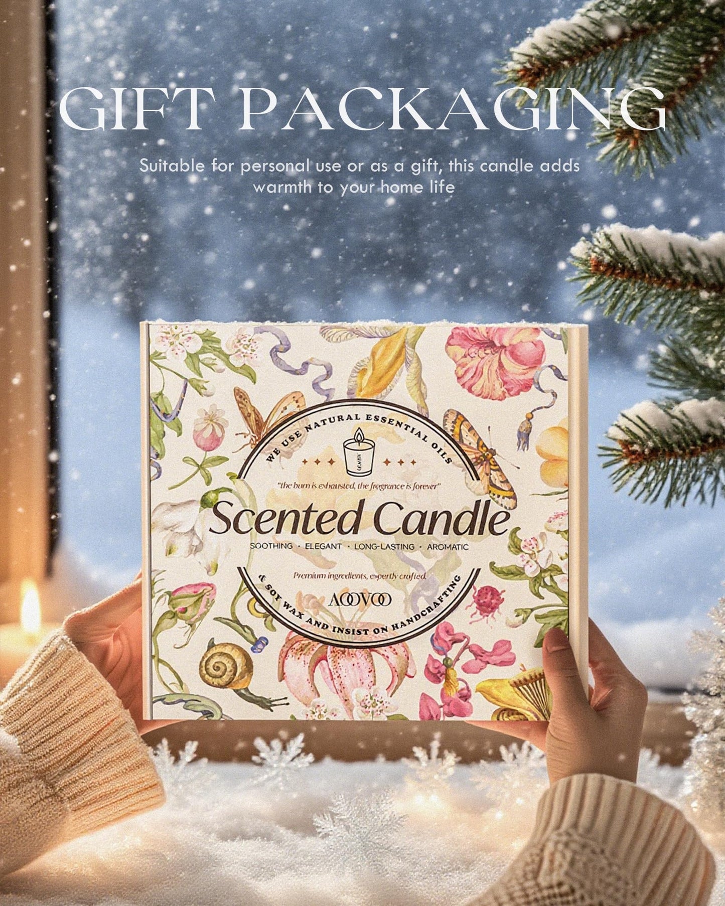AOOVOO Winter Candles Set for Women โ 4-Pack, 28 oz Total, Crystals & Dry Flowers, Cedarwood, Fir, Hot Cocoa, Vanilla Cake