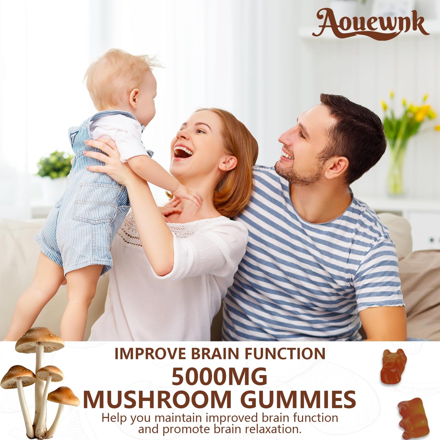 Aouewnk 2-Pack 5000MG Mushroom Gummies โ 10-in-1 Brain & Immune Support