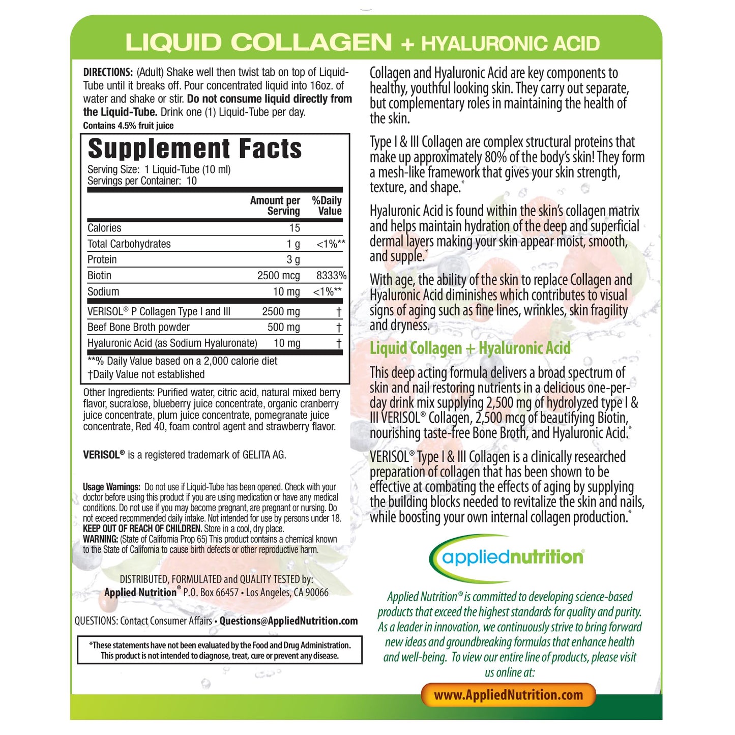 Applied Nutrition Liquid Collagen + Hyaluronic Acid โ Skin & Nail Restoration (30 Servings, Pack of 3, Mixed Berry)