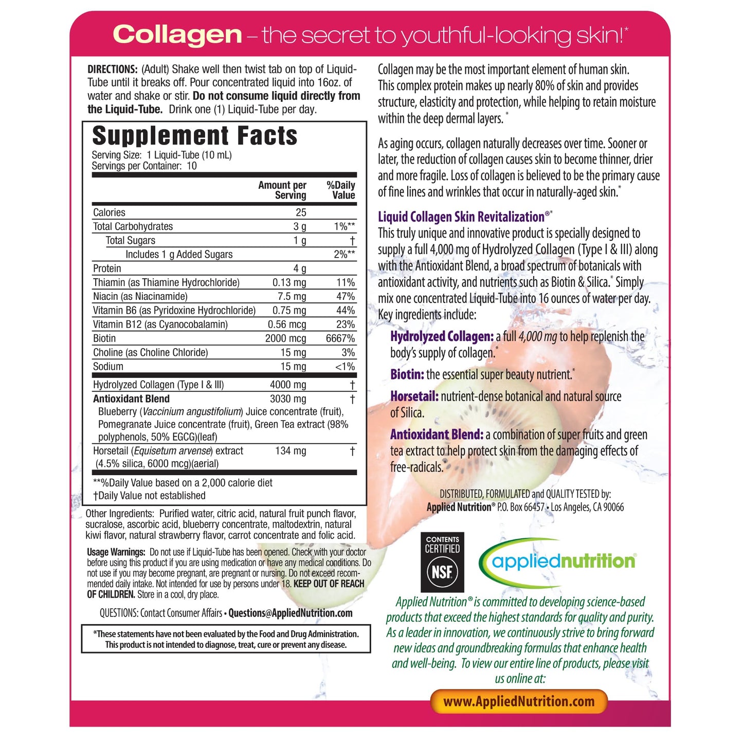 Applied Nutrition Liquid Collagen Skin Revitalization โ 2x10 Tubes (Tropical Strawberry Kiwi)