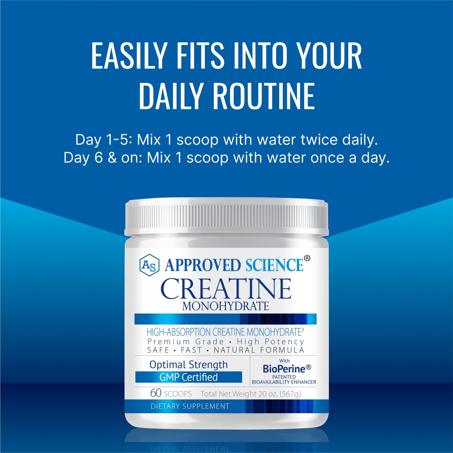 Approved Science Creatine Monohydrate Powder with BioPerine β 60 Servings, 5g/Serving, Unflavored, Non-GMO, Vegan