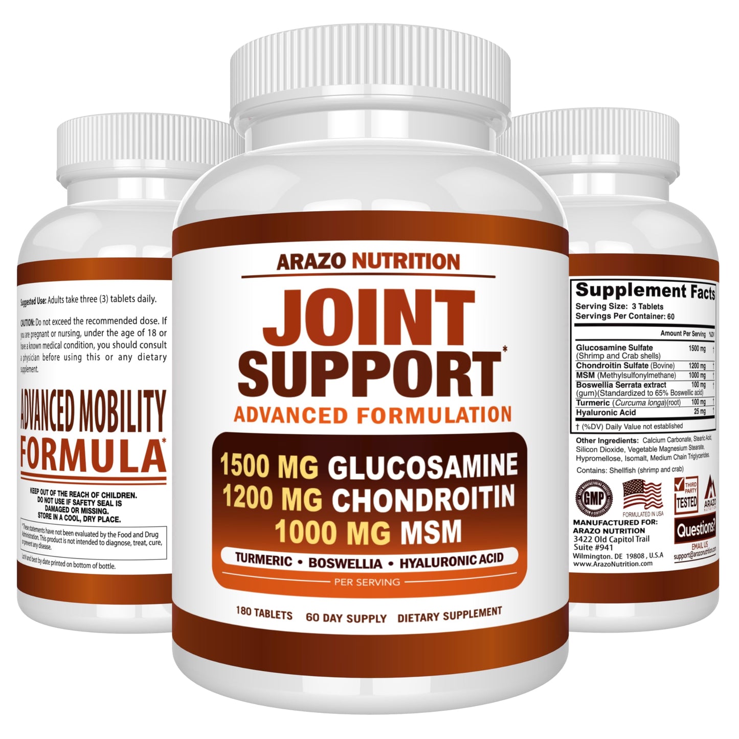 Arazo Nutrition Glucosamine Chondroitin Turmeric MSM Boswellia โ Joint Support Supplement (180 Tablets)