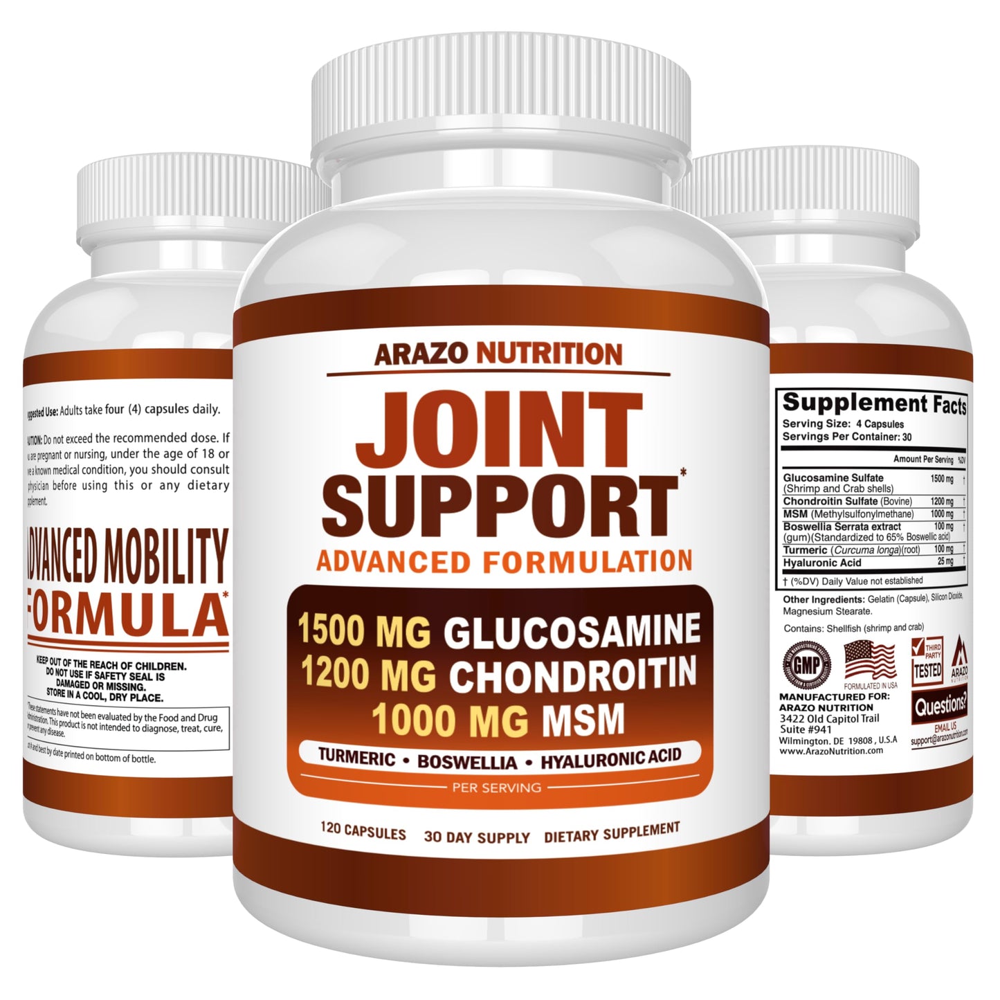Arazo Nutrition Glucosamine Chondroitin Turmeric MSM Boswellia โ Joint Support Supplement (120 Capsules)