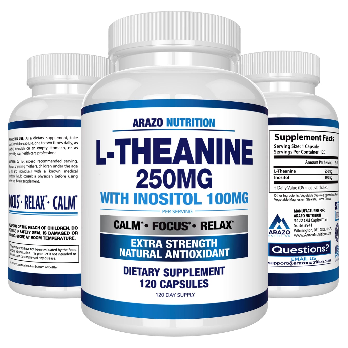 Arazo Nutrition L-Theanine 250mg Extra Strength with Inositol 100mg โ 120 Vegetarian Capsules (Pack of 2)