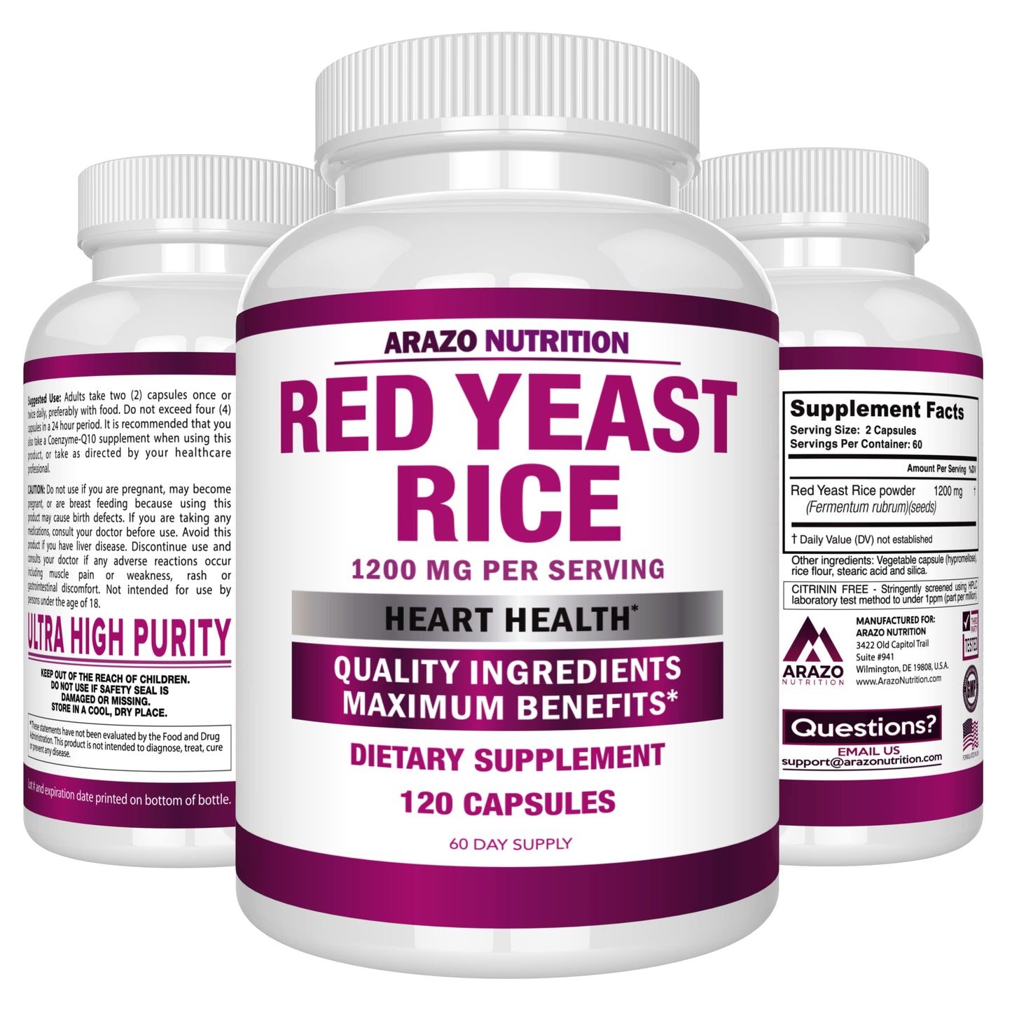 Arazo Nutrition Red Yeast Rice Extract 1200 MG โ Citrinin Free, Vegetarian, 120 Capsules (Pack of 2)