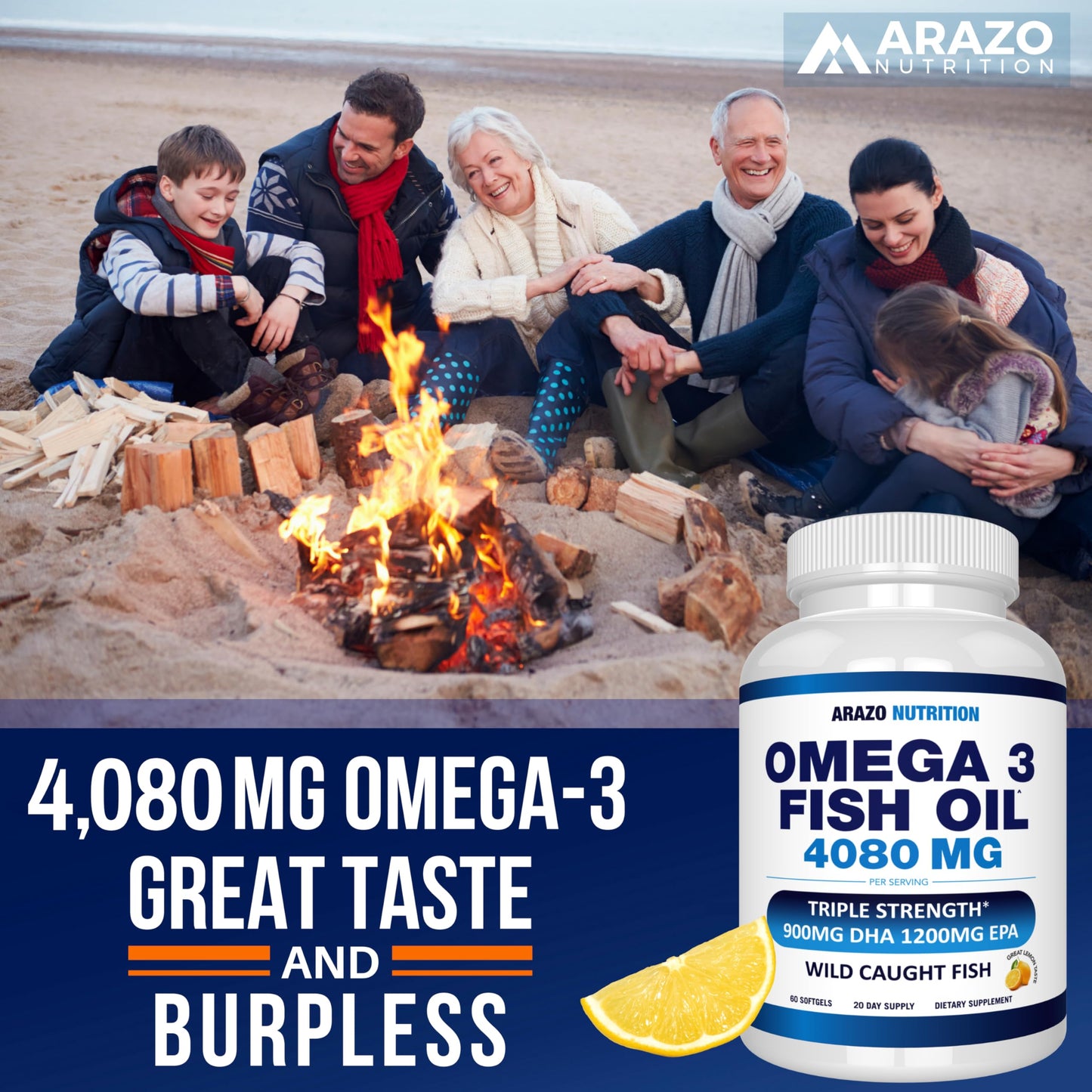 Arazo Nutrition Wild Caught Omega-3 Fish Oil โ 60 Soft Gels | High EPA 1200mg, DHA 900mg | Lemon Burpless