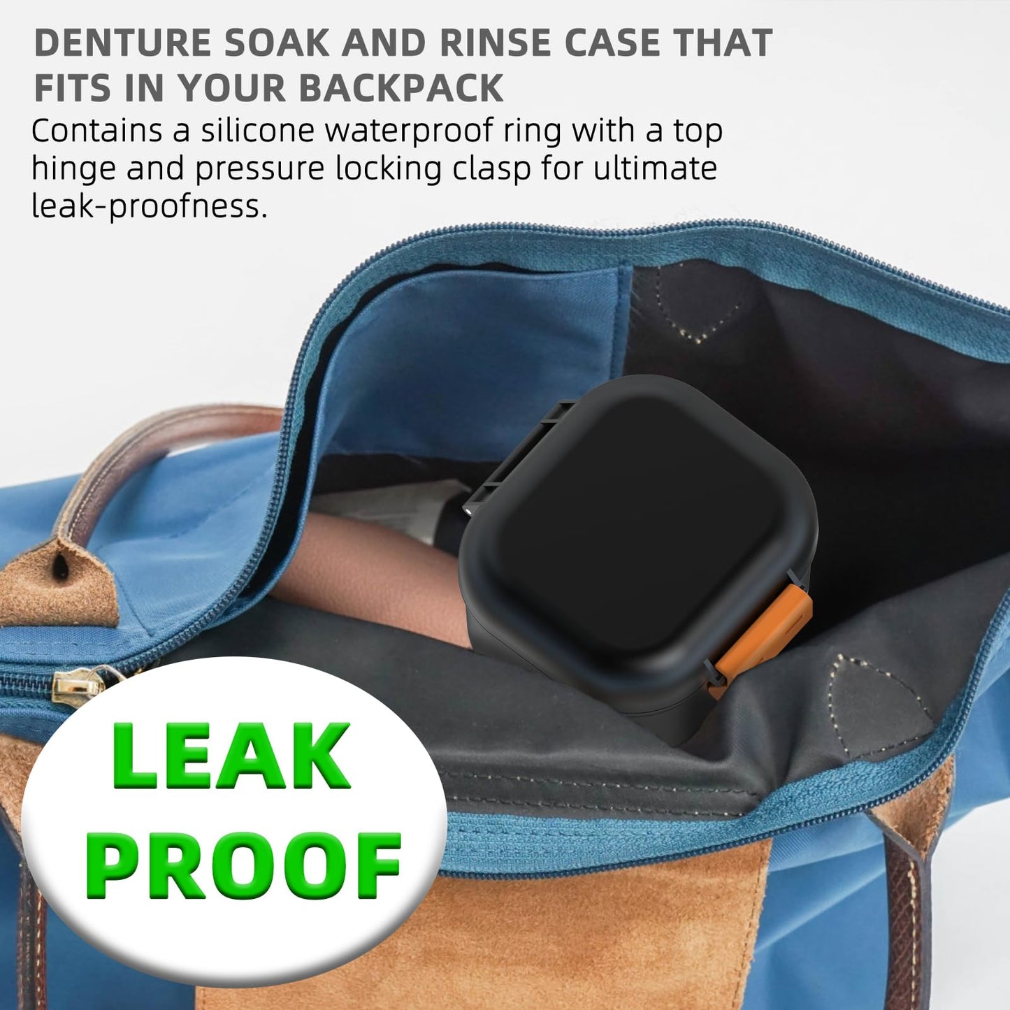 ARGOMAX Leak-Proof Denture Bath Cup β Portable Denture Box with Strainer (Black & Orange)