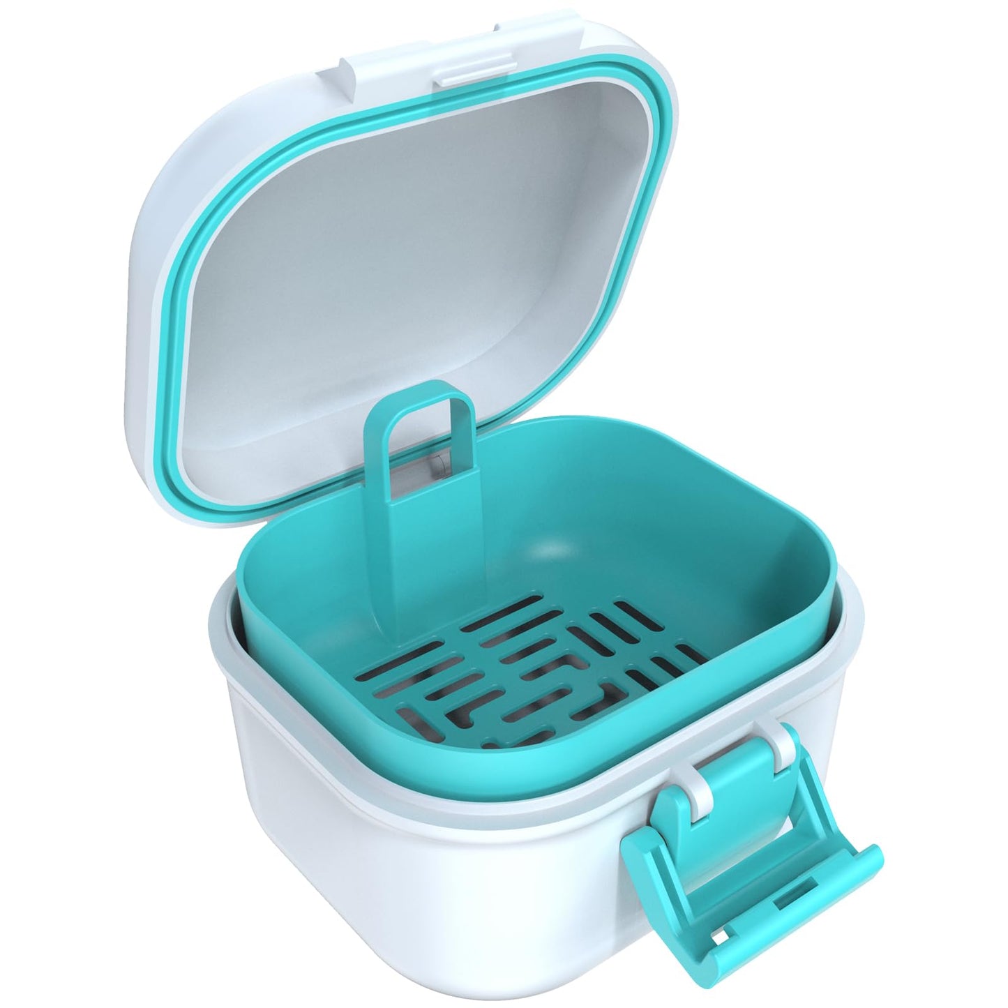 ARGOMAX Leak Proof Denture Bath Cup โ Portable Denture Soaking Box with Strainer (White & Cyan)