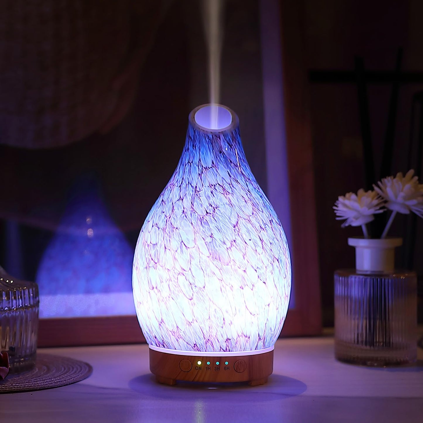 Aromatherapy Diffuser โ 160ml Art Glass Ultrasonic, Quiet, 7-Color LED
