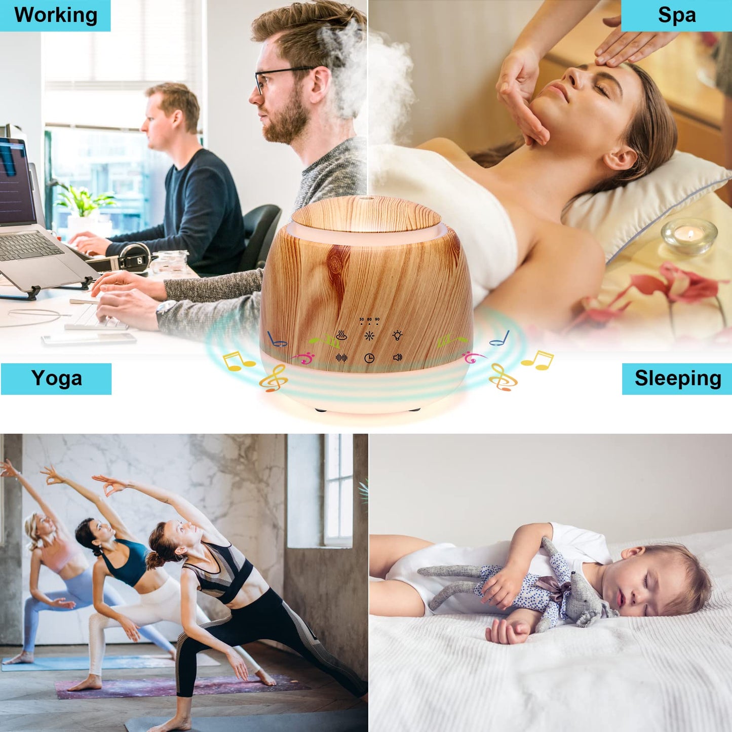 Aromatherapy Diffuser & White Noise Machine โ 10 Sounds, 7 LED Colors, Auto Shutoff (Light Brown)