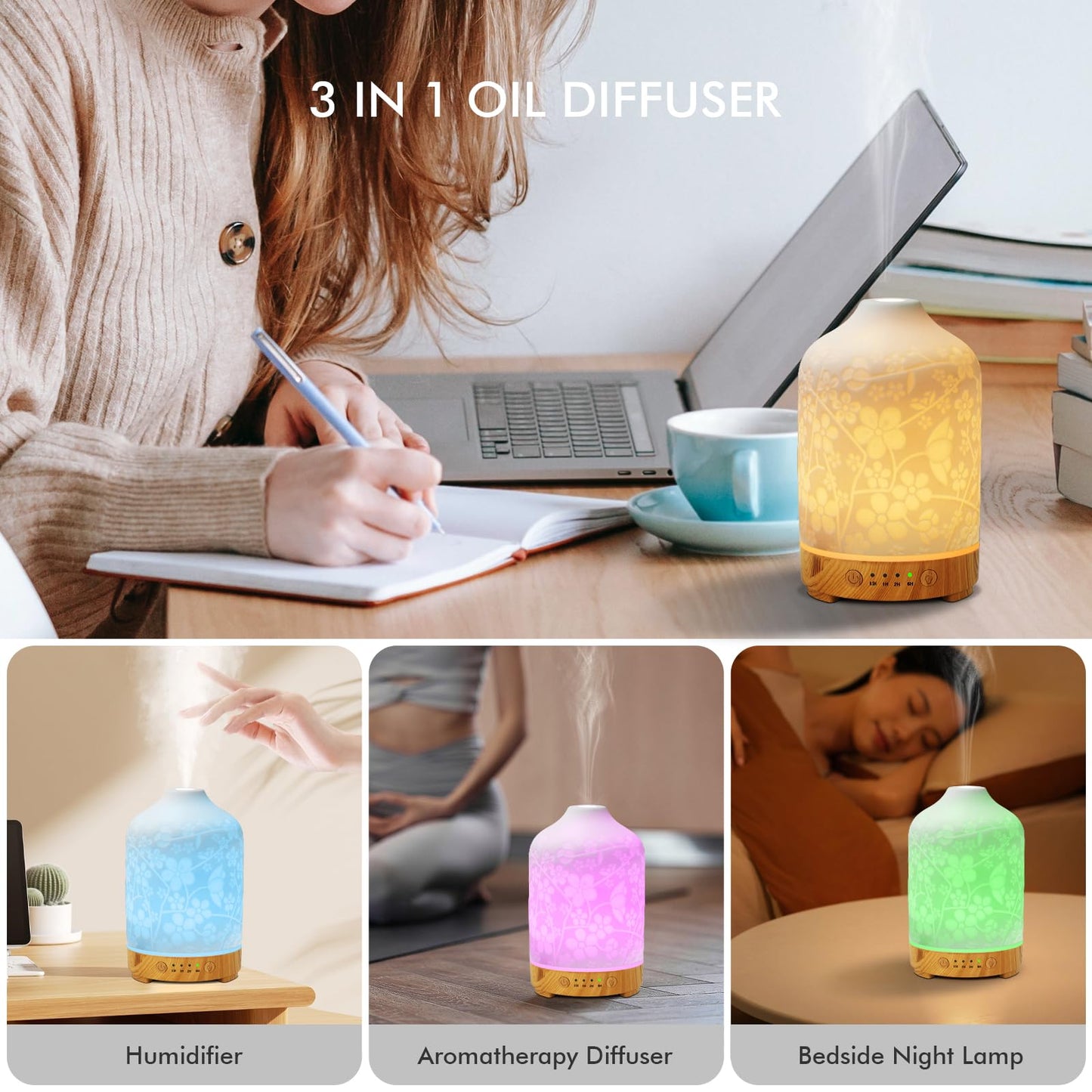 Aromatherapy Essential Oil Diffuser 150ml Ceramic | 7 LED Colors | Cherry Blossom